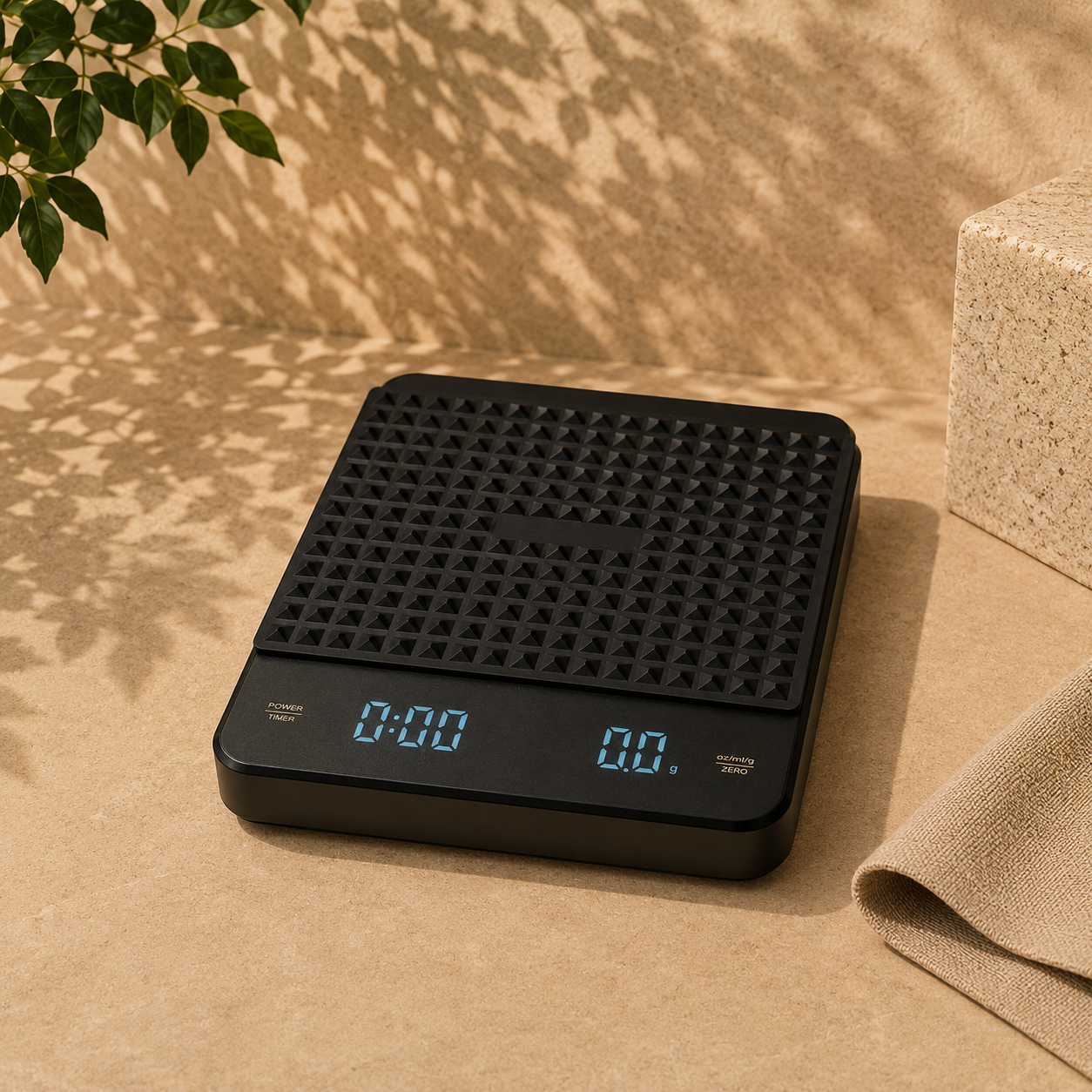 Black digital coffee scale with timer and silicone mat