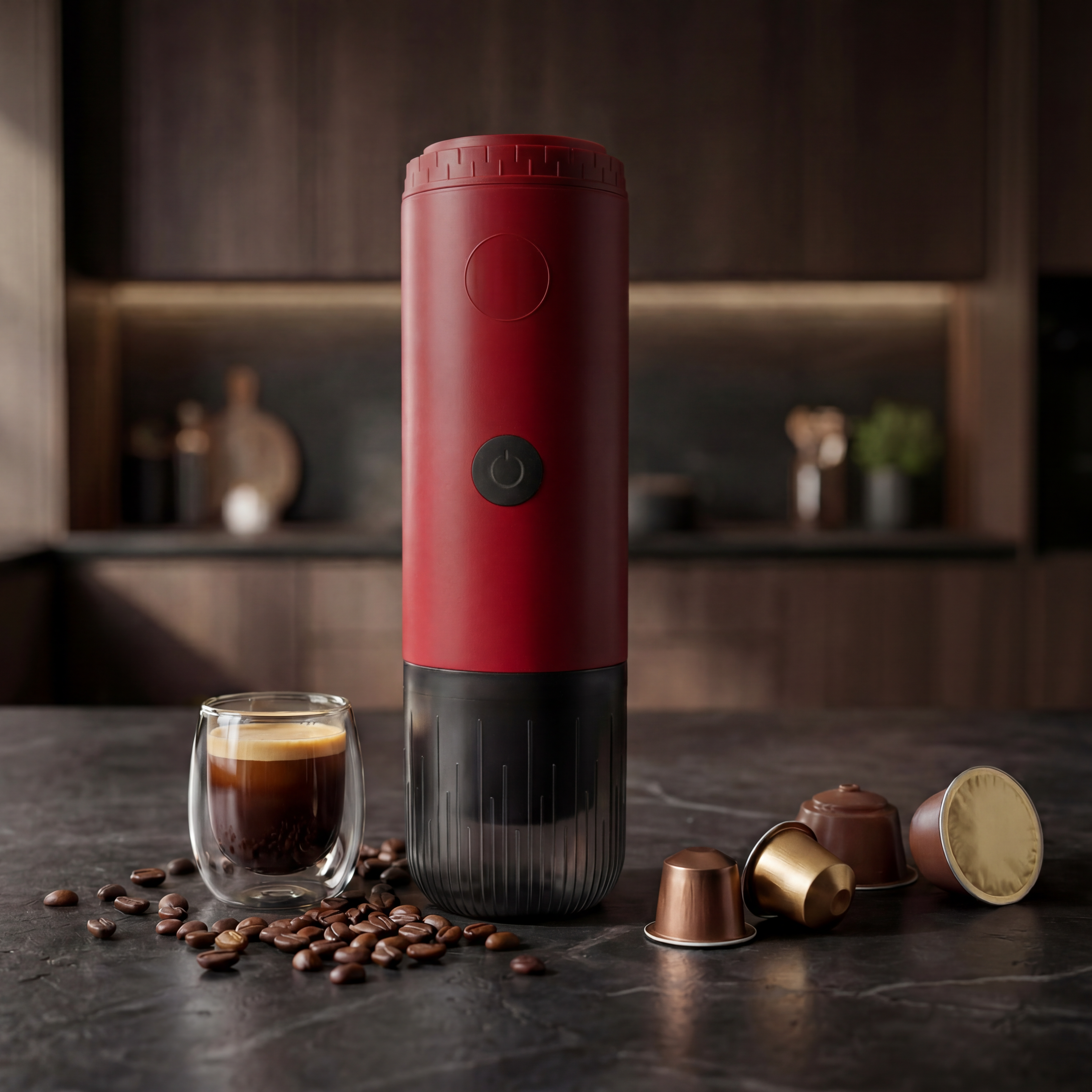 Red portable espresso coffee machine with coffee beans, nespresso pods, dolce gusto pods and a freshly shot of espresso with crema.