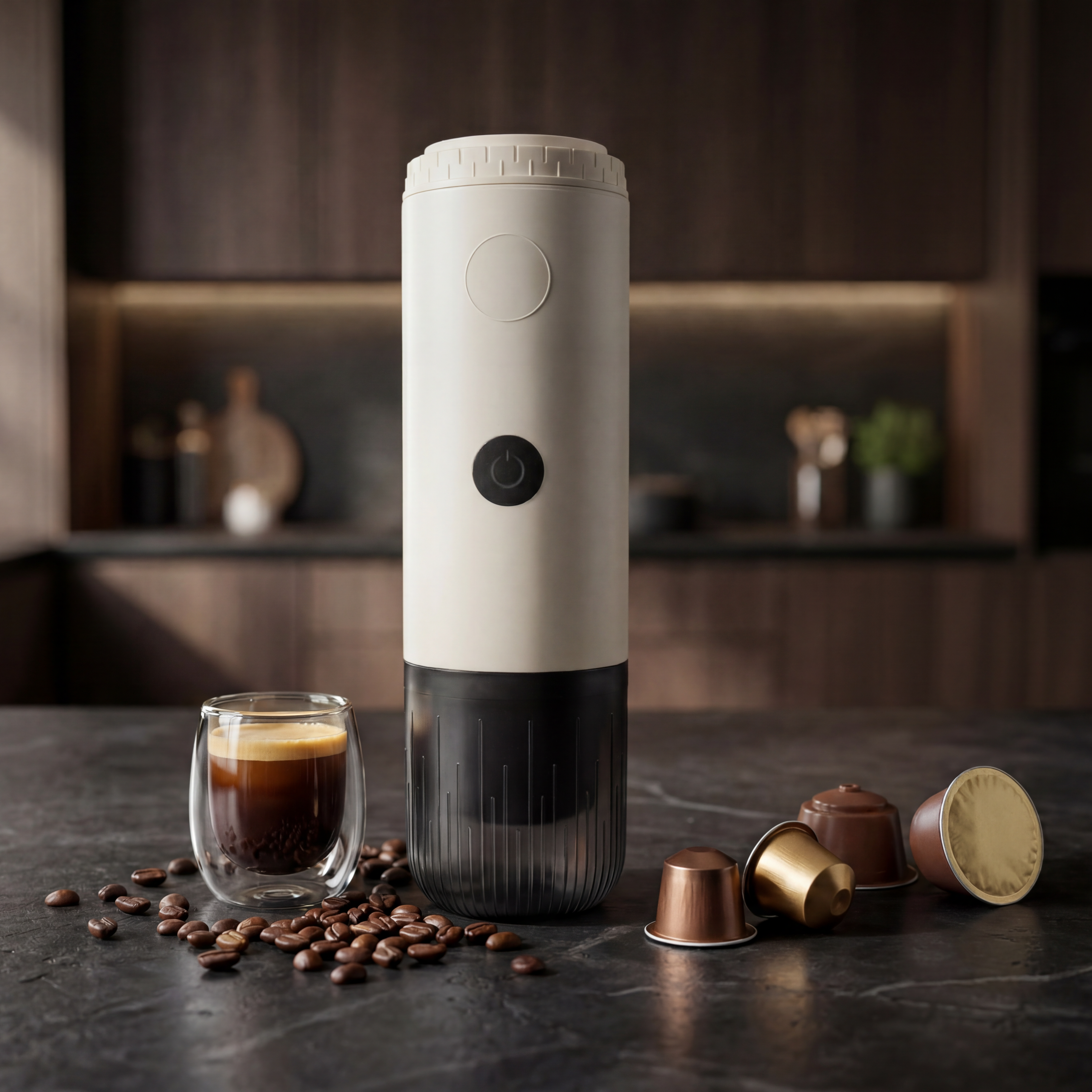 White portable espresso coffee machine with coffee beans, nespresso pods, dolce gusto pods and a freshly shot of espresso with crema.