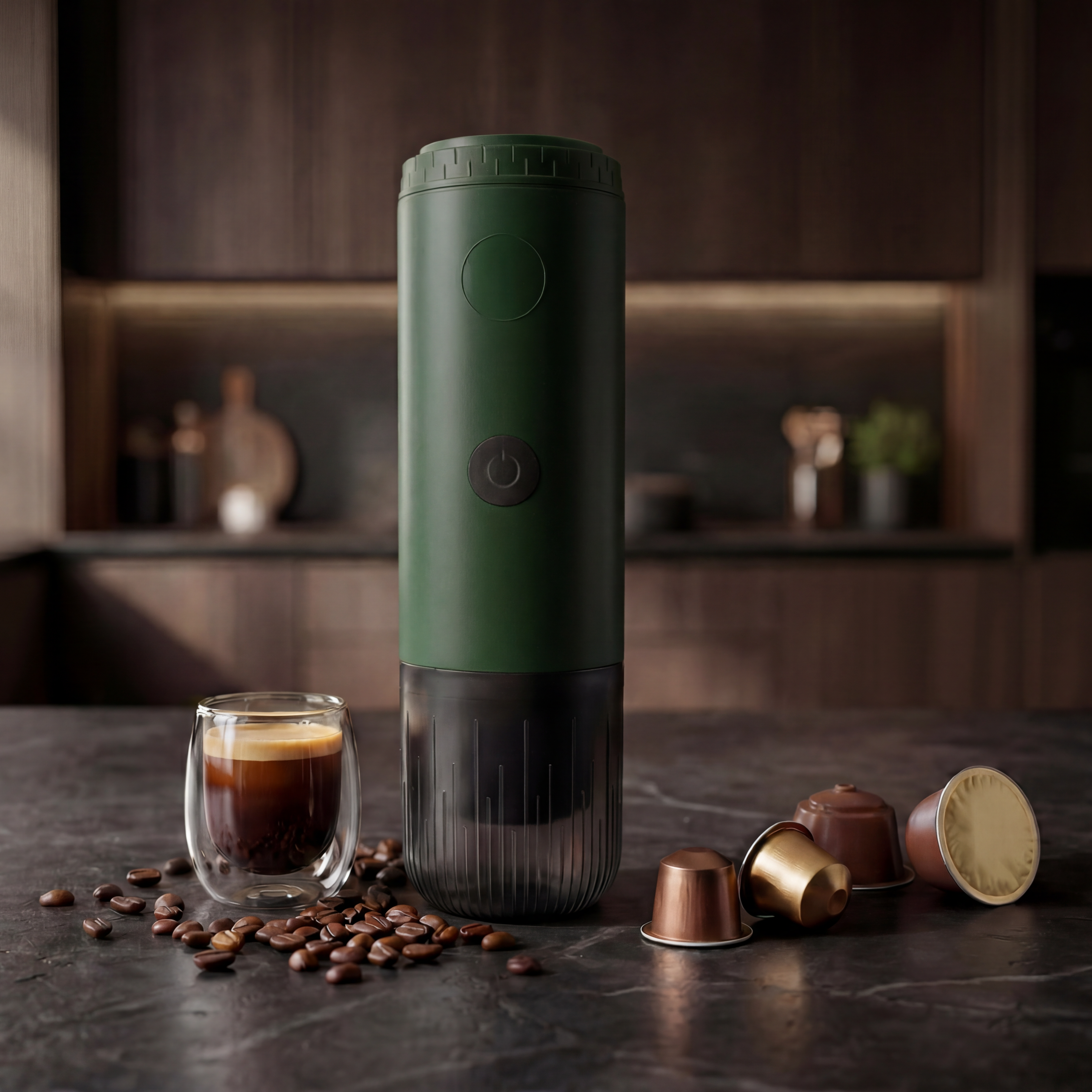 Green portable espresso coffee machine with coffee beans, nespresso pods, dolce gusto pods and a freshly shot of espresso with crema.