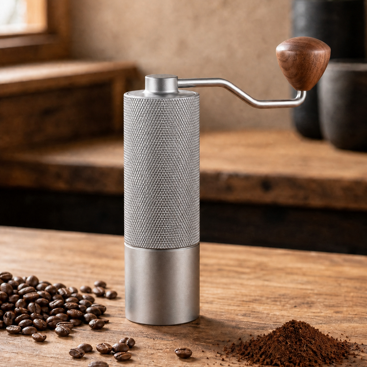 Silver manual coffee grinder with coffee beans and fresh grounds