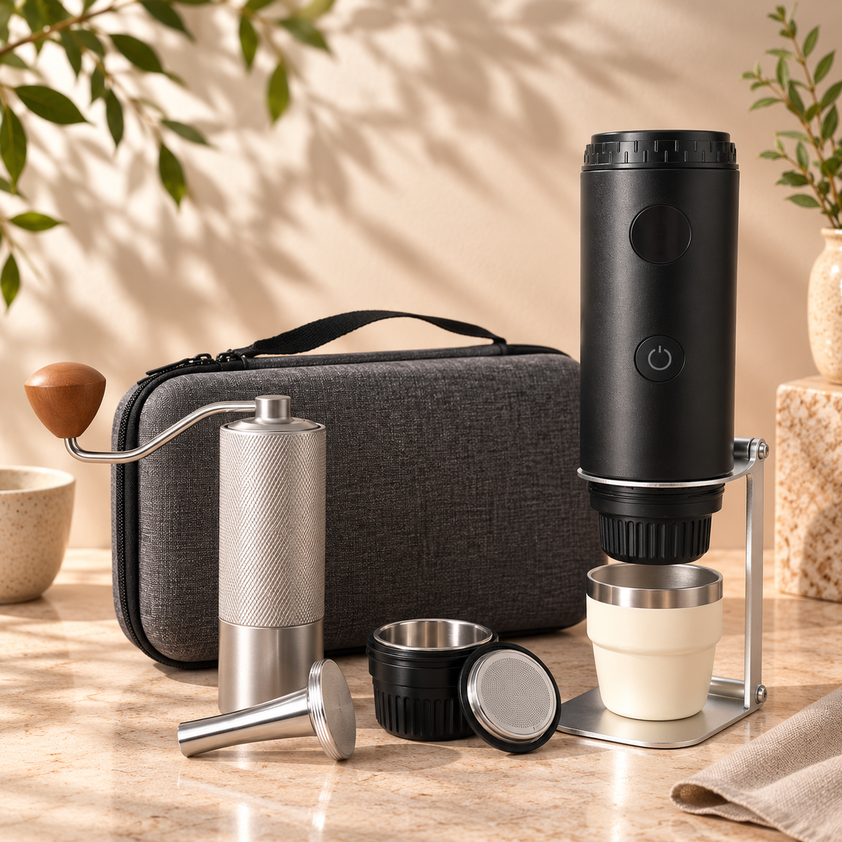 Complete Origin Bundle with black Origin espresso maker, travel case, silver manual grinder, foldable stand, cream tumbler and double espresso kit.