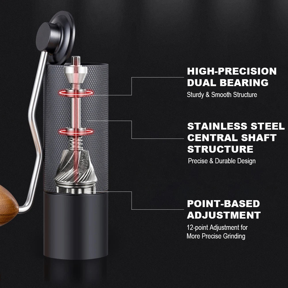 Manual coffee grinder with stainless steel shaft, dual bearing, and adjustable settings