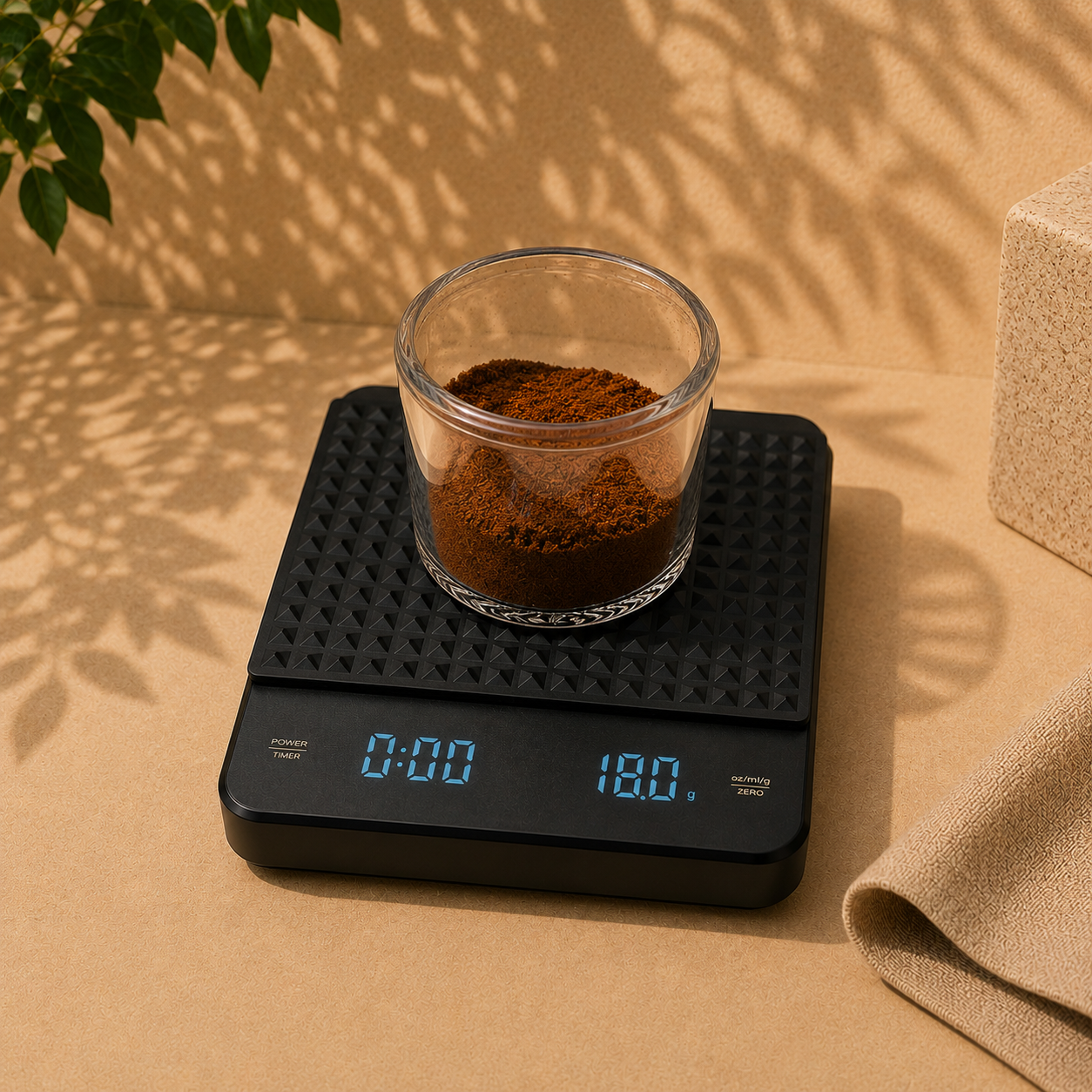 Digital coffee scale weighing ground coffee