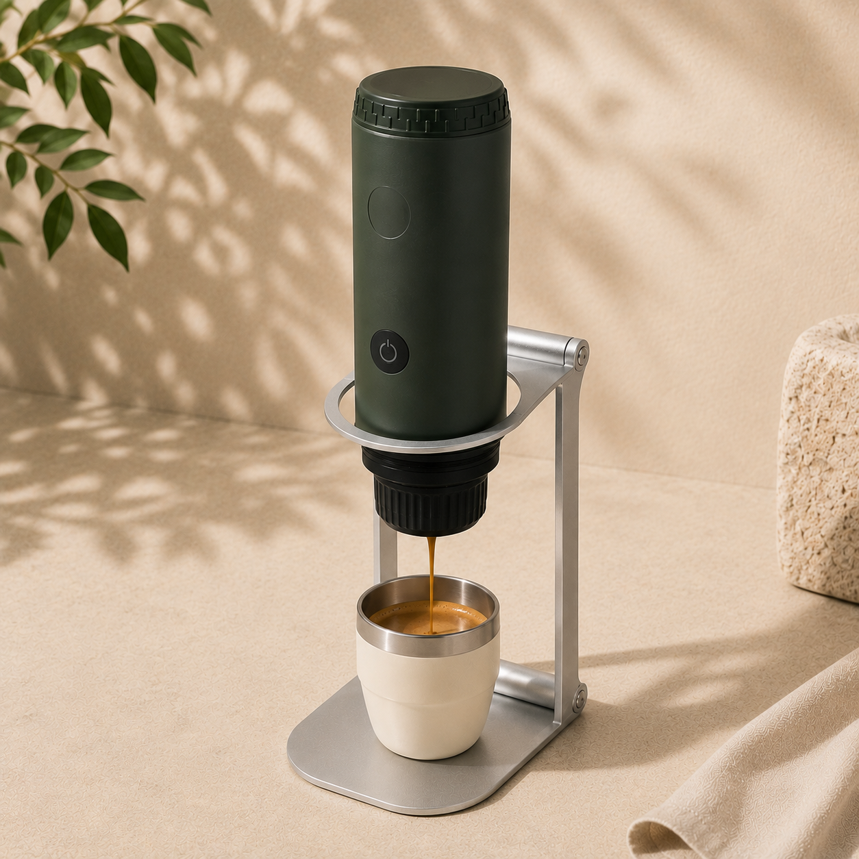 Kafira Origin portable espresso maker brewing coffee on Foldable Barista Stand