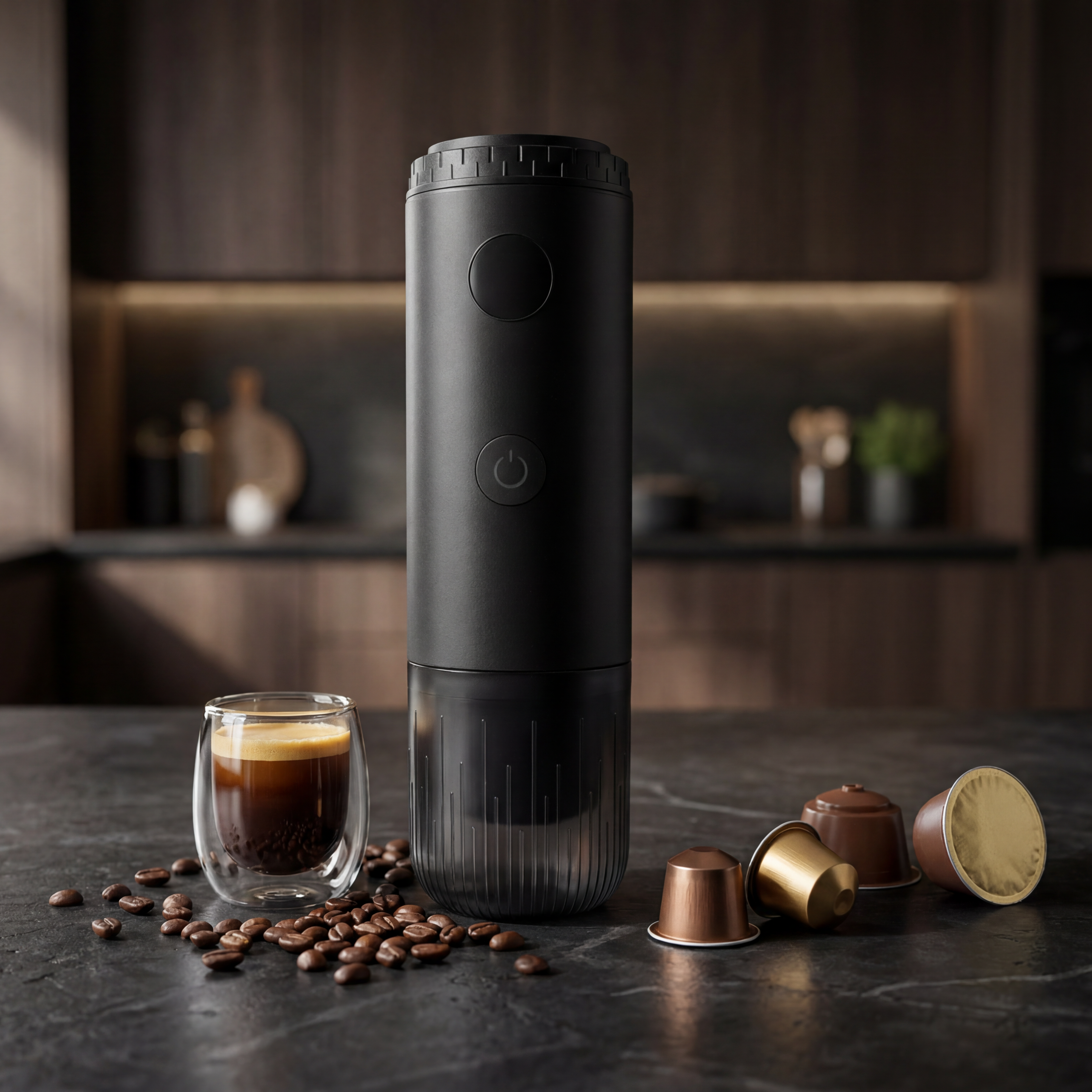 Black portable espresso coffee machine with coffee beans, nespresso pods, dolce gusto pods and a freshly shot of espresso with crema.