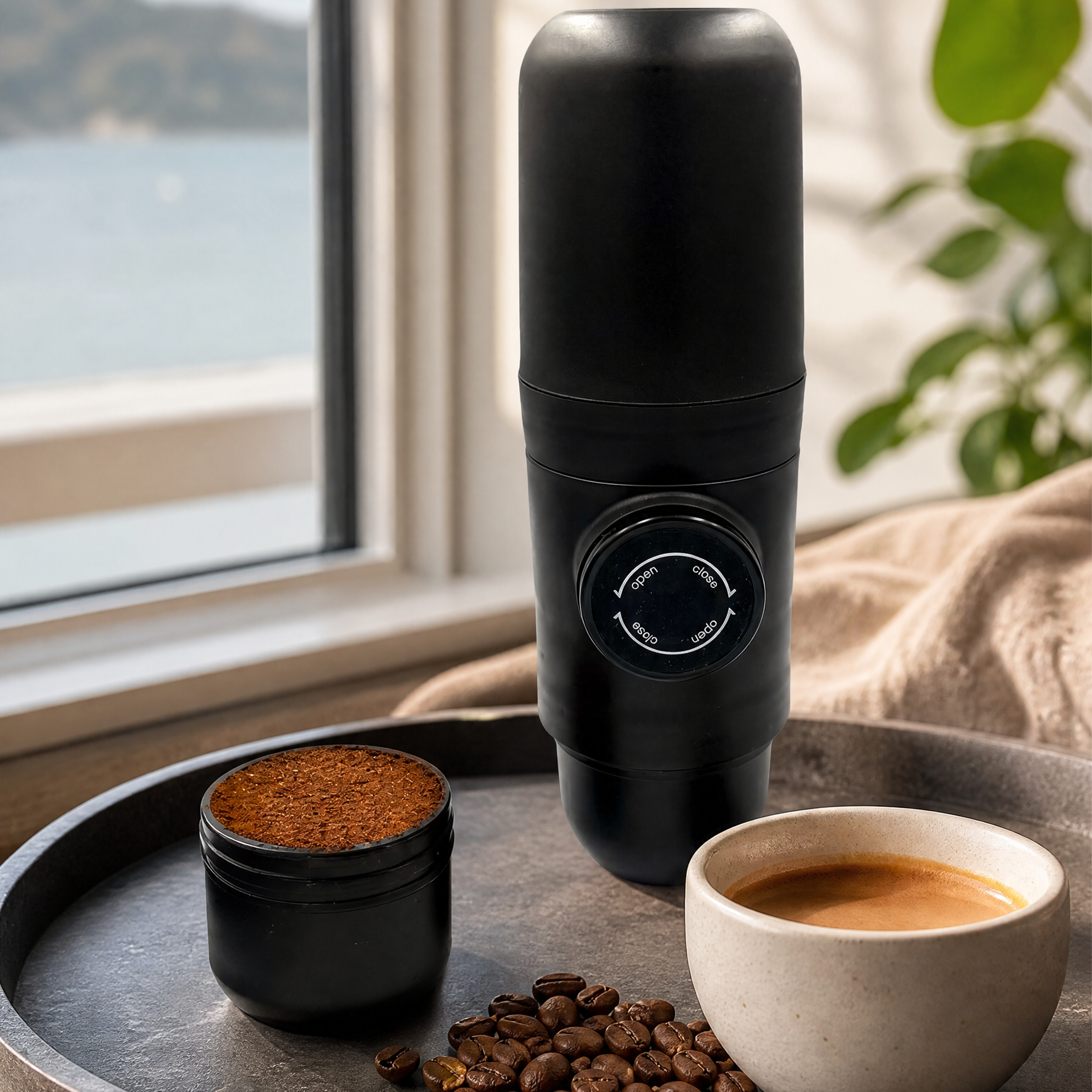 Black portable coffee maker on a tray with coffee beans and a cup of coffee, by a window with a view of water.