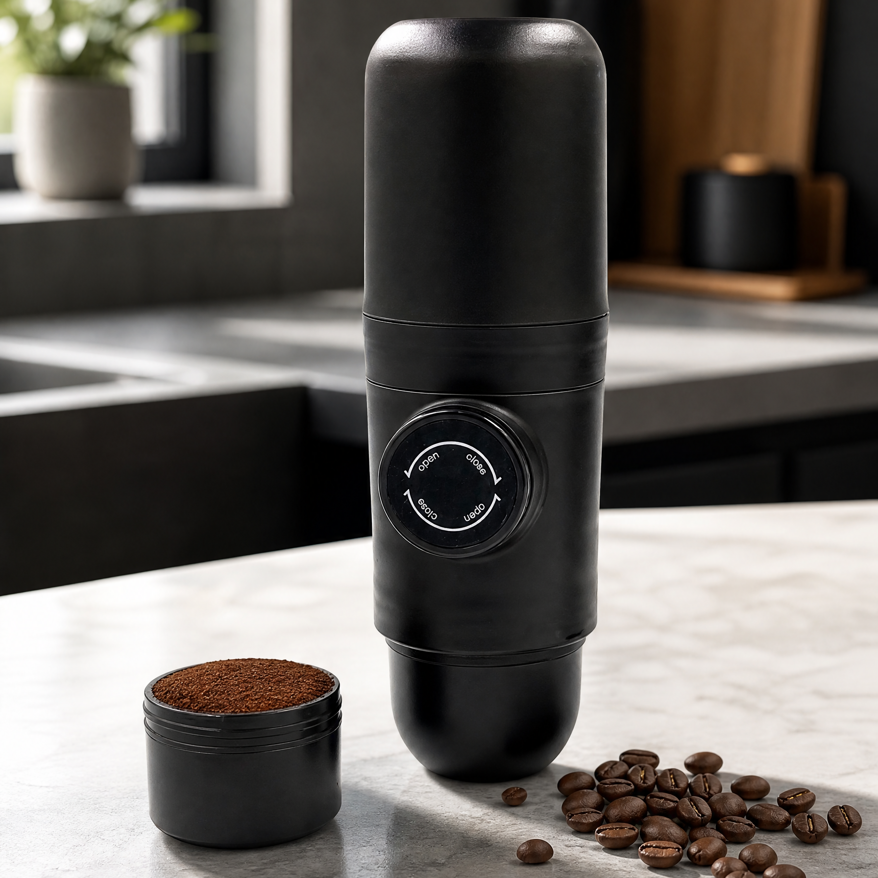 Black portable coffee press on a kitchen counter with coffee beans and a container.
