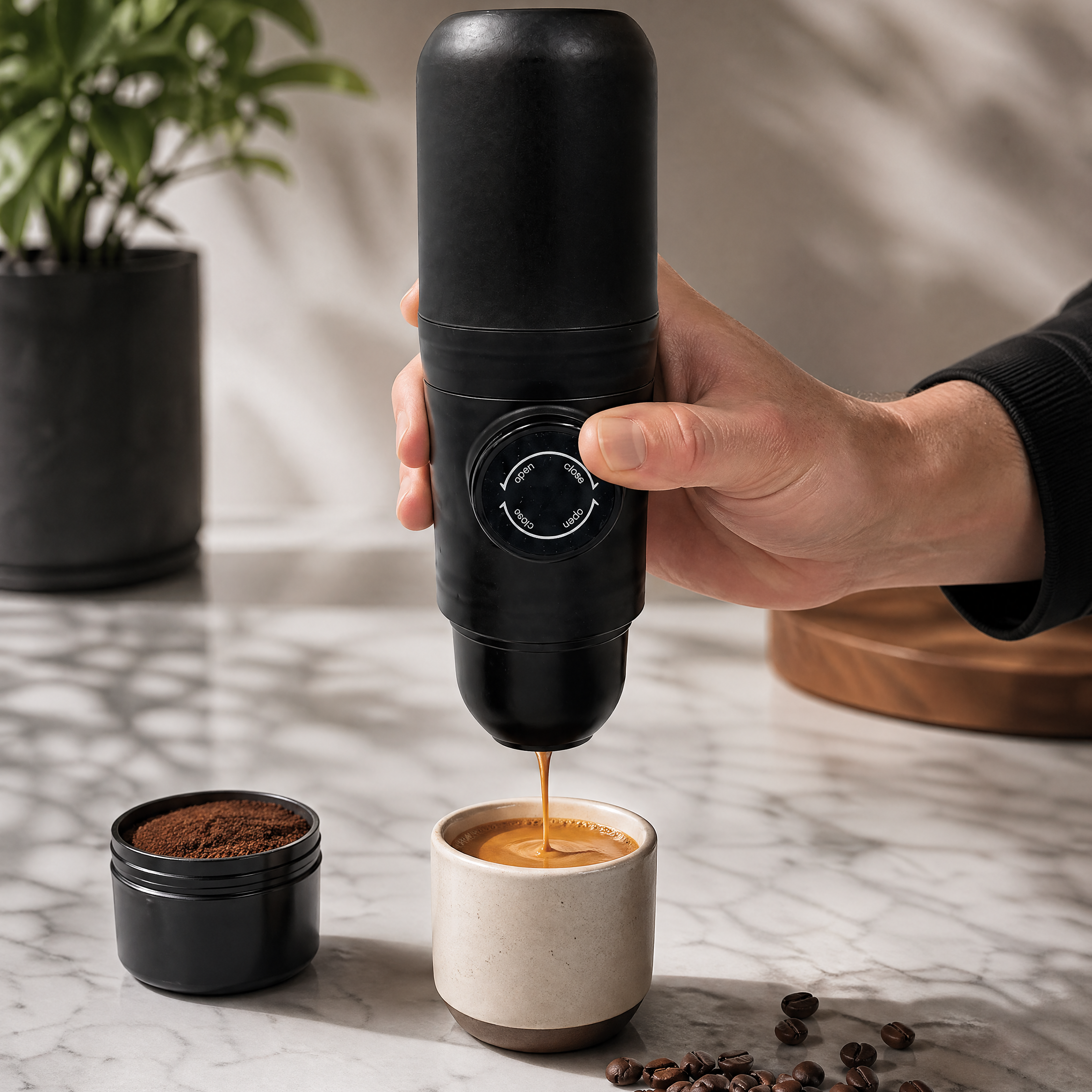 Hand using a portable coffee maker to pour coffee into a cup on a marble surface with coffee beans and a plant in the background.