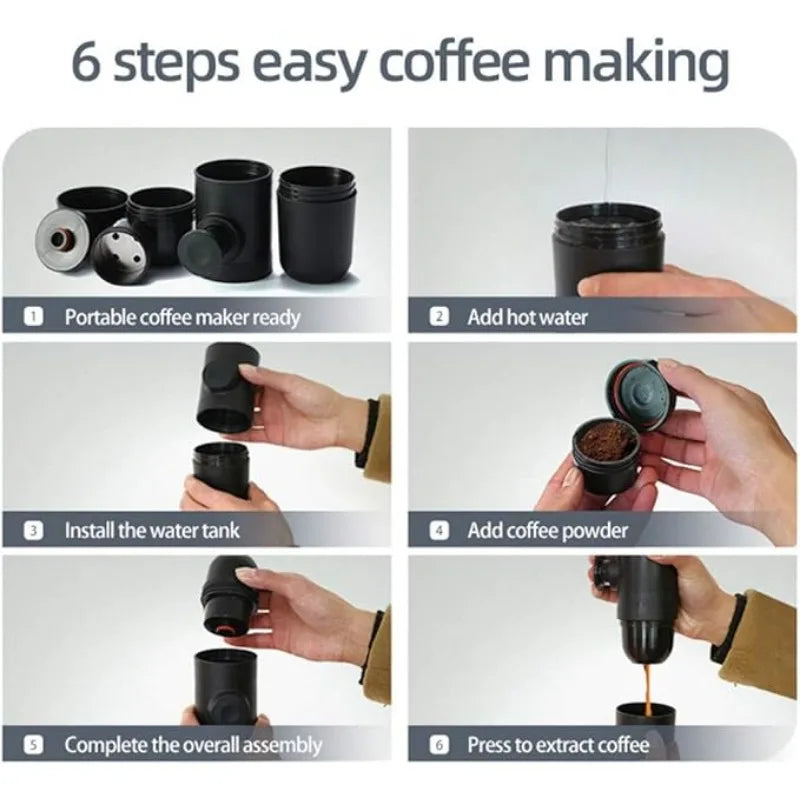 Six-step portable coffee maker guide with images showing assembly, adding hot water, coffee powder, and extracting coffee.