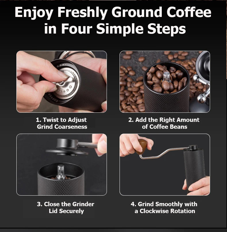 Manual coffee grinder step-by-step guide with coffee beans and hand adjusting grind settings.