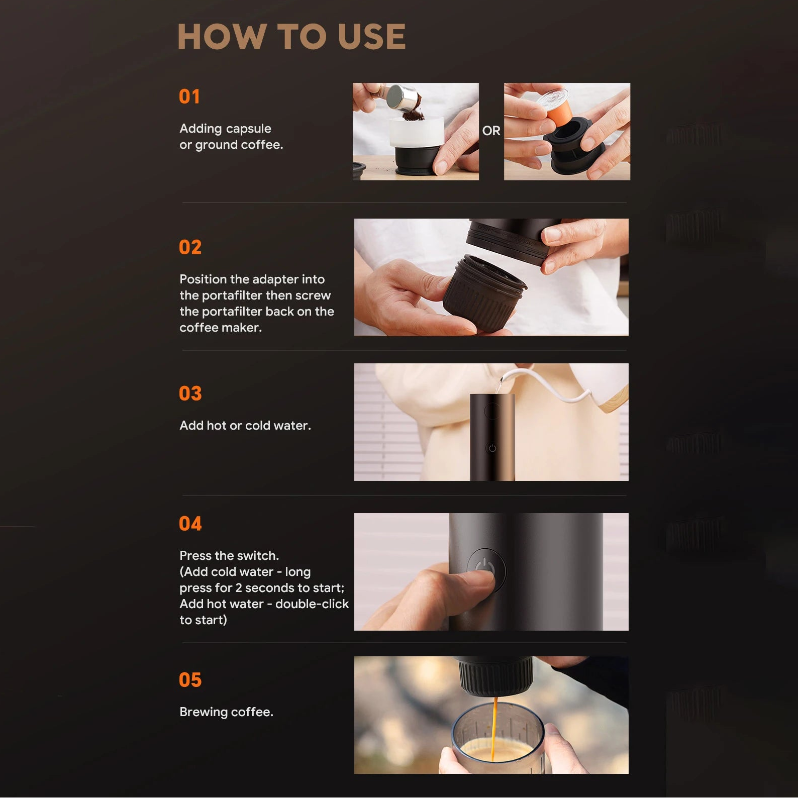 Step-by-step guide for using a portable coffee maker with capsules or ground coffee.