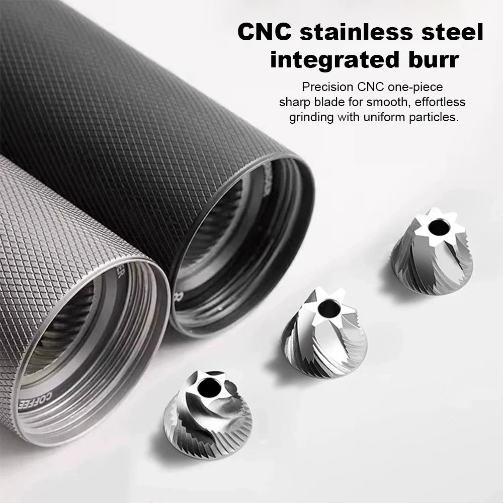 Stainless steel coffee grinder burrs and textured grinder bodies on white background